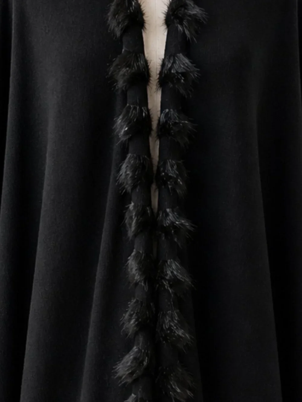 Chico's Black Faux Fur Trim Cashmere Blend Cocoon Wrap Pom Pom EUC OS